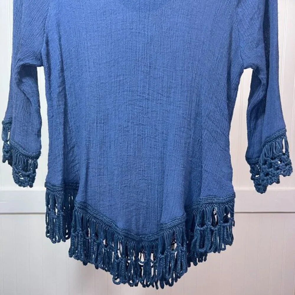 NYGARD Blouse Navy Crochet Hippie Indie Fairy Whimsy Festival V-Neck Fringe L - Picture 5 of 7